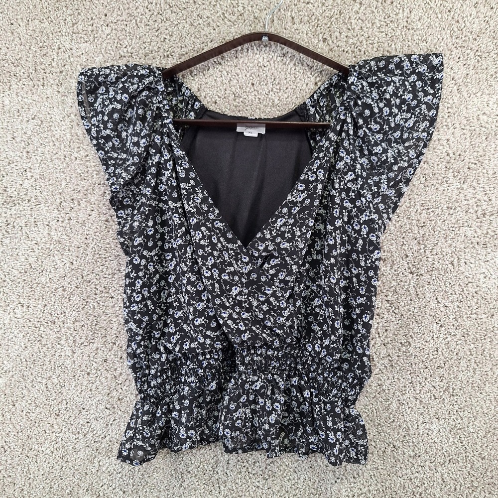 Japna Blouse Women XL Black Floral Surplice Flutter Sleeve Peplum Boho Romantic
